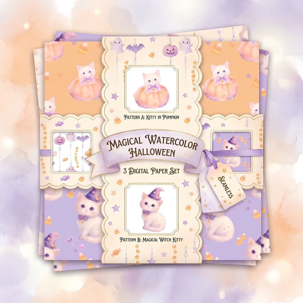 【デジタルペーパー】魔法のパステルハロウィン / 白猫&シームレス素材 3枚セット｜商用利用可・高解像度PNG