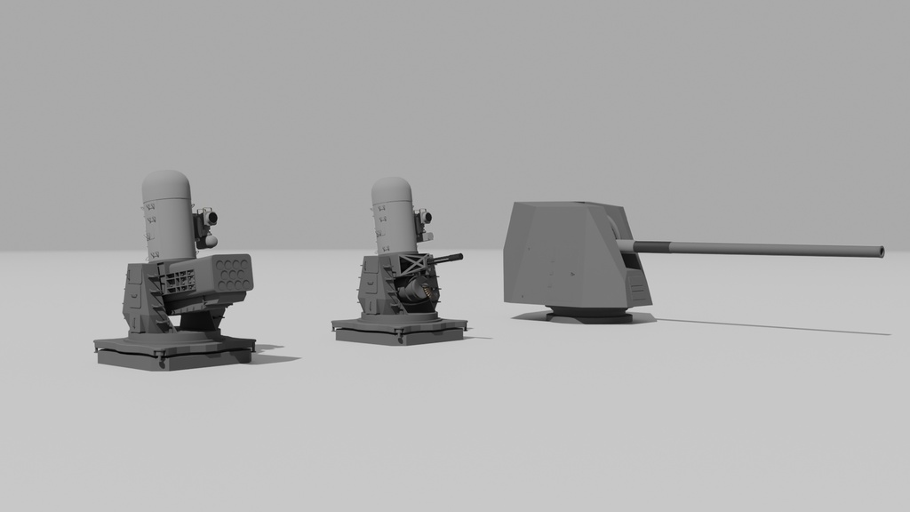 【可動ボーン入/3Dローポリ】現代軍艦兵装 3点セット（Mk45・ファランクス・SEARAM）旋回・昇降ギミック対応 / マテリアル色分け済