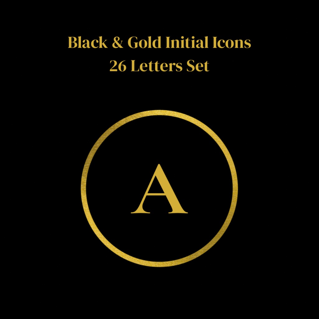 Black & Gold Initial Icons｜A〜Z 26 Letters Set