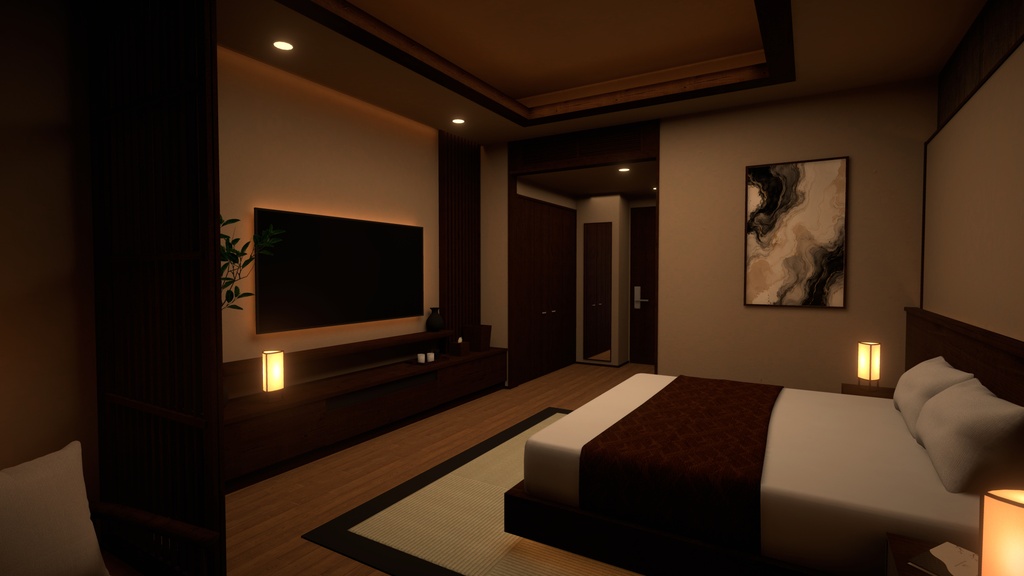 【VRChat想定】和モダンホテル客室 3D背景モデル