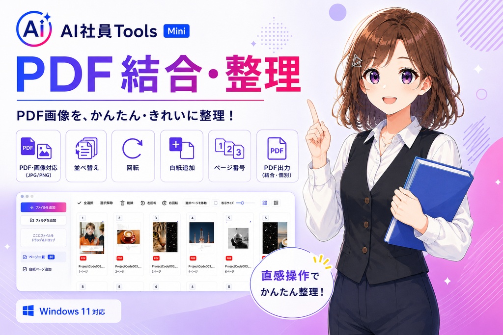 AI社員Tools Mini PDF結合・整理|PDF・画像を並べ替え・回転・結合できるWindowsアプリ
