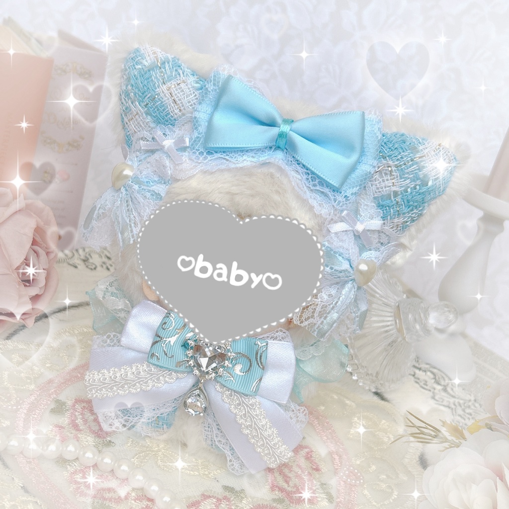 【♡新作♡】frill Light BLUE tweed cat ˆ •͈ ·̫ •͈ ˆ🩵 ぬい服♡