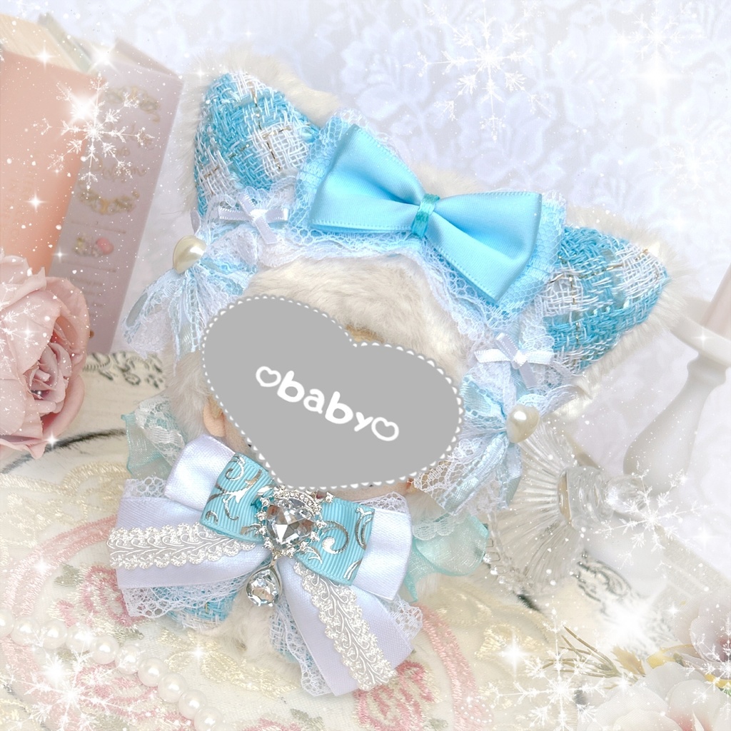 【♡新作♡】frill Light BLUE tweed cat ˆ •͈ ·̫ •͈ ˆ🩵   ぬい服♡