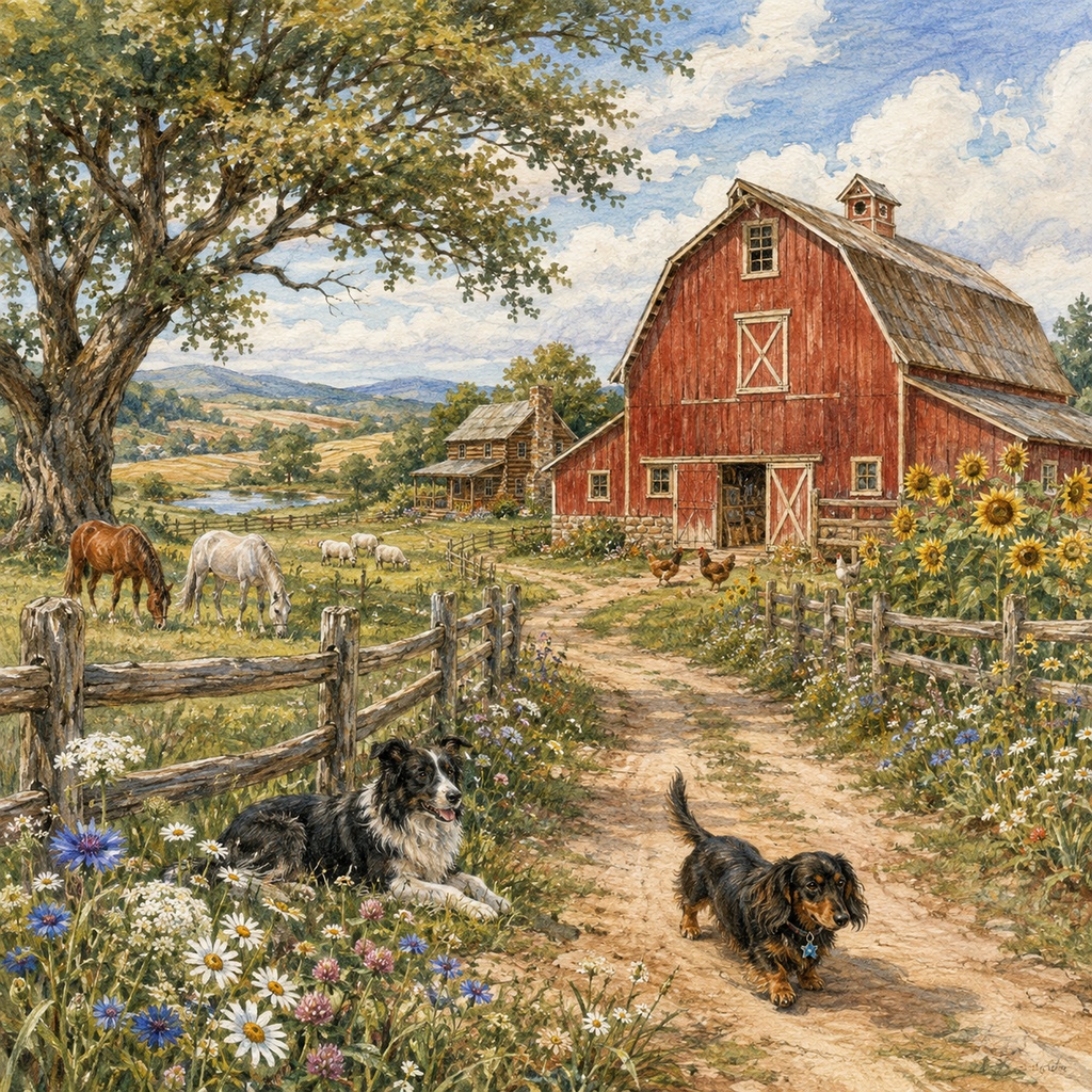 Blooming Country Farm Stories｜花と動物のアメリカンカントリー風景画 5枚セットVol.1