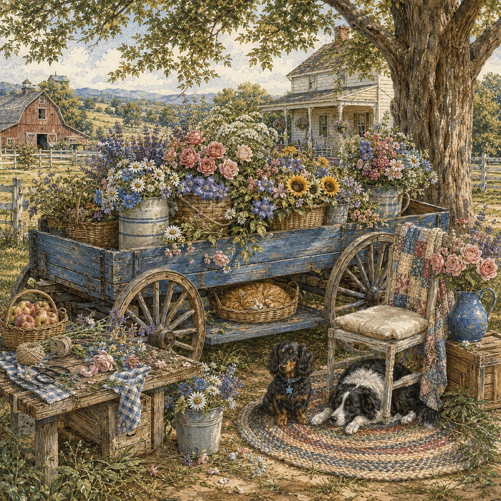 Blooming Country Farm Stories|花と動物のアメリカンカントリー風景画 5枚セットVol.2