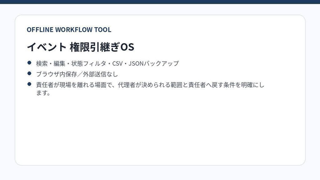 イベント 権限引継ぎOS｜責任者交代・緊急判断・承認範囲・代替担当を整理｜オフラインHTML