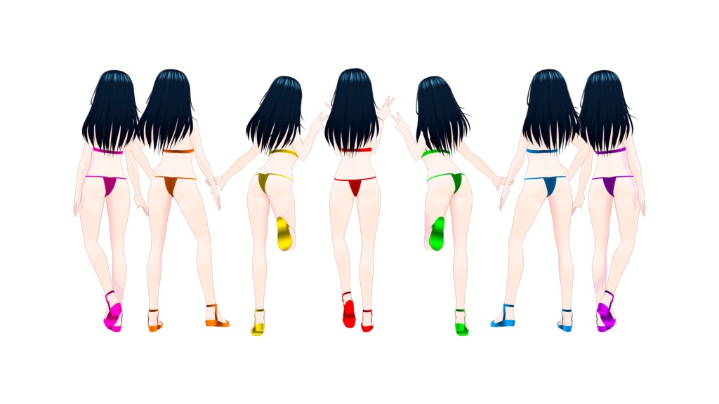 Bikini and sandals in seven colors