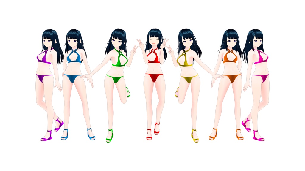 Bikini and sandals in seven colors