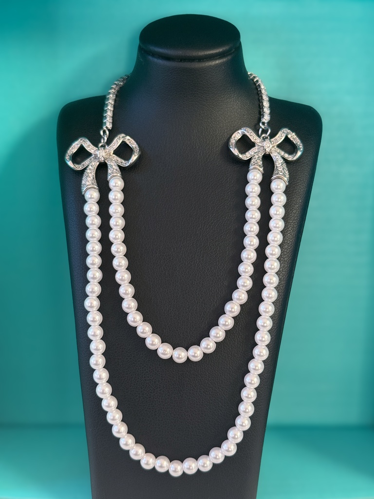 【60〜70サイズ】ダブルリボンパールネックレス・シルバー