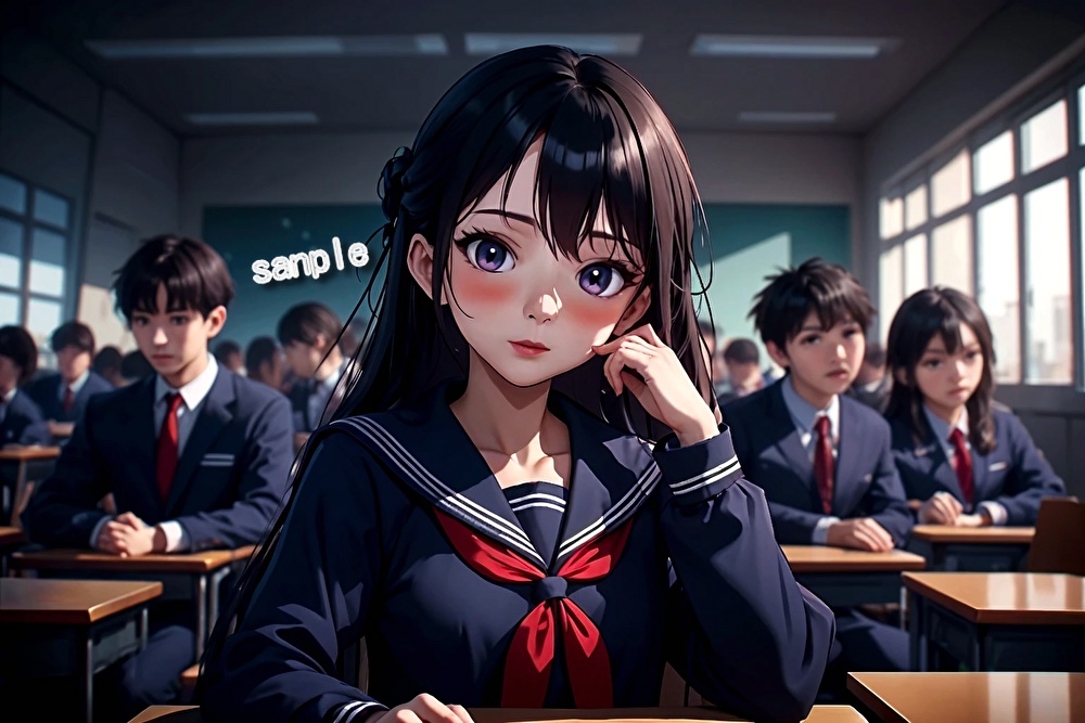 「教室内の少し緊張ぎみの黒髪ロング美少女高画質１０枚セット」