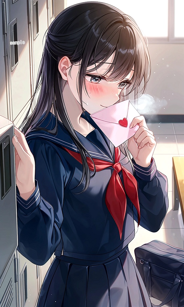 「ロッカーの中にラブレターが入っていて、恥ずかしがる黒髪ロング美少女１０枚セット」