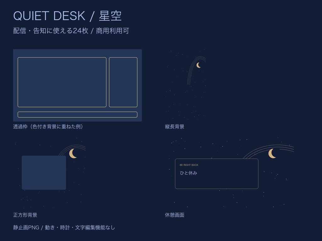 QUIET DESK|星空・ポップ・カフェ 配信素材|透過枠・週間予定表・縦長背景|各24枚/全部72枚
