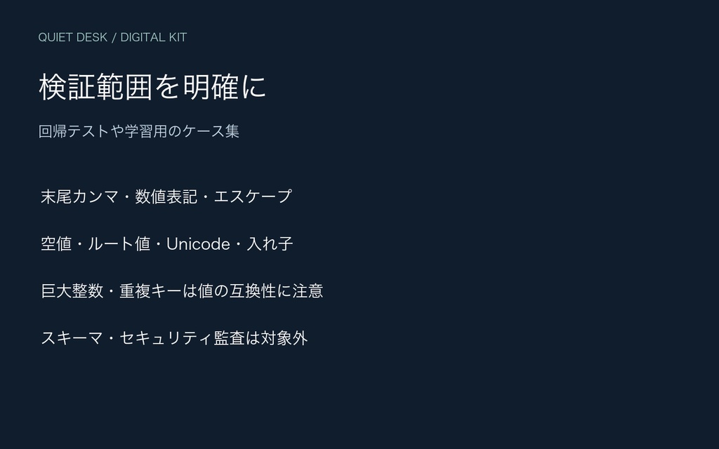 QUIET DESK|JSON構文チェックキット|140ケース+日本語理由+Python/Node.js実行例【無料12ケース】
