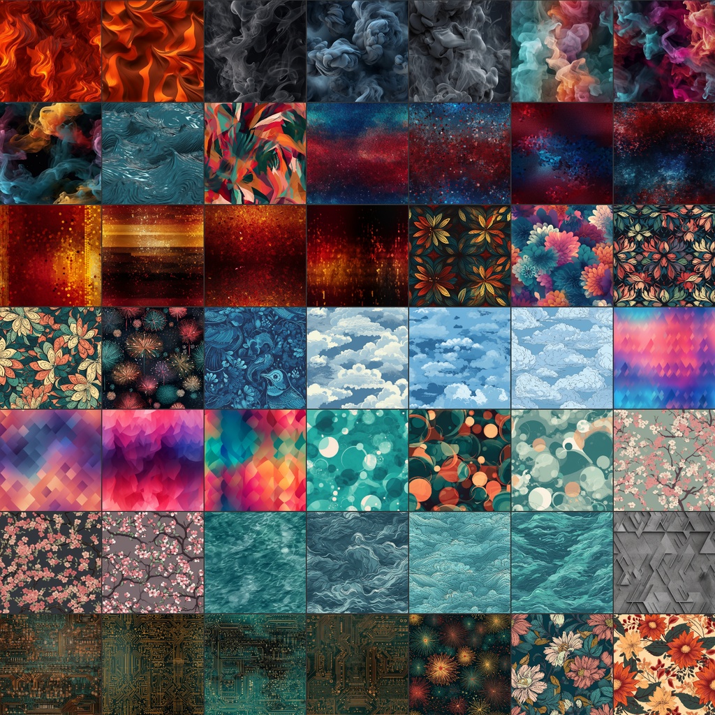 【シームレステクスチャ】500枚(抽象、花火、大理石、水、火、金、紙、煙、電子基板、グラデーション、光、etc...)