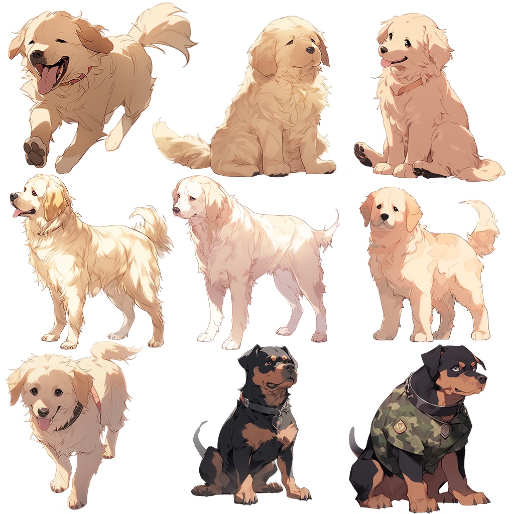 【透過素材】犬100枚(柴犬、ブルドッグ、ゴールデンレトリバー、プードル、ジャーマン・シェパード、シベリアン・ハスキー、ヨークシャーテリア)