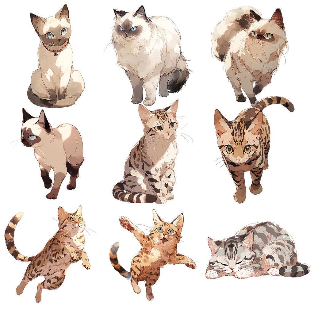 【透過素材】猫100枚+61枚(スコティッシュフォールド、アメリカンショートヘア、ロシアンブルー、ベンガル、マンチカン、スフィンクス、トラ猫)