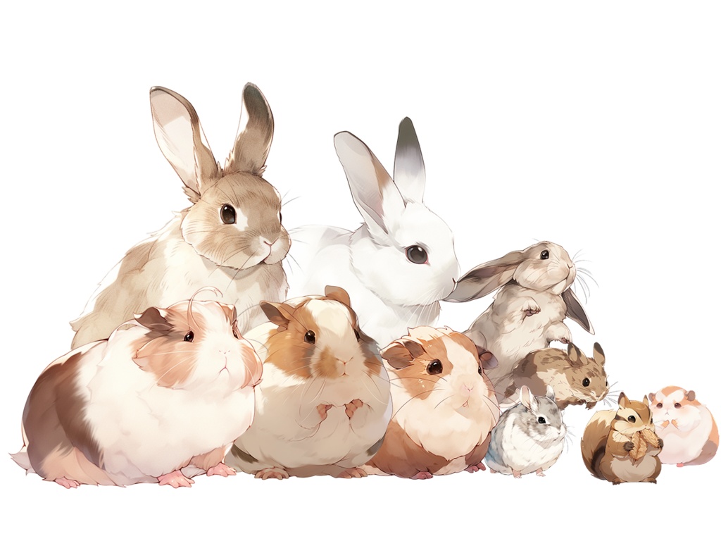 【透過素材】小動物100枚(うさぎ、ハムスター、モルモット、チンチラ、デグー、プレーリードッグ、リス、ミーアキャット、ミニブタ、ヒヨコ)