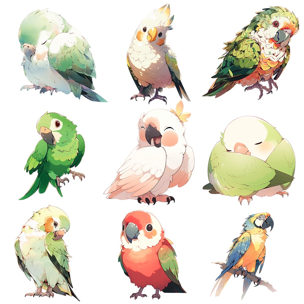 【透過素材】鳥100枚(セキセイインコ、カナリア、ブンチョウ、アマゾンオウム、ヨウム、スズメ、フクロウ、アヒル、ウグイス)