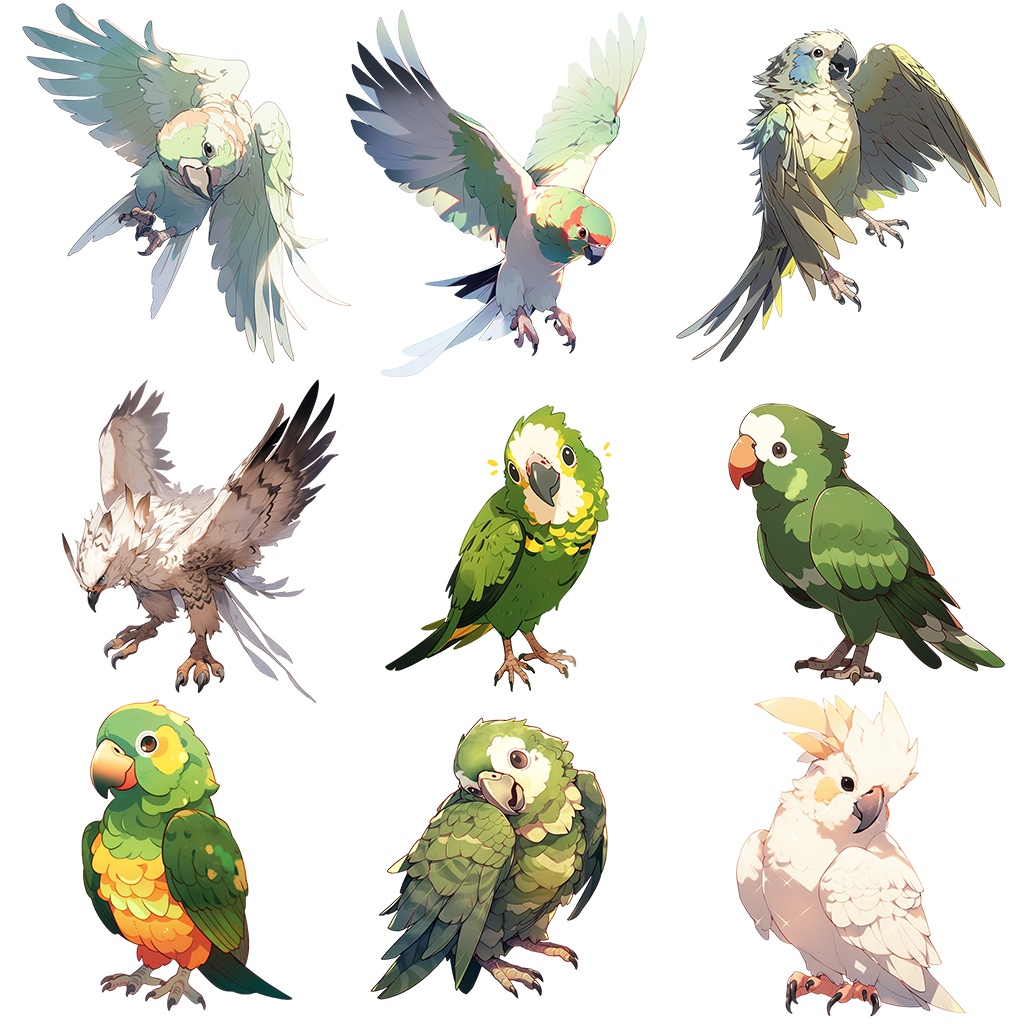 【透過素材】鳥100枚(セキセイインコ、カナリア、ブンチョウ、アマゾンオウム、ヨウム、スズメ、フクロウ、アヒル、ウグイス)