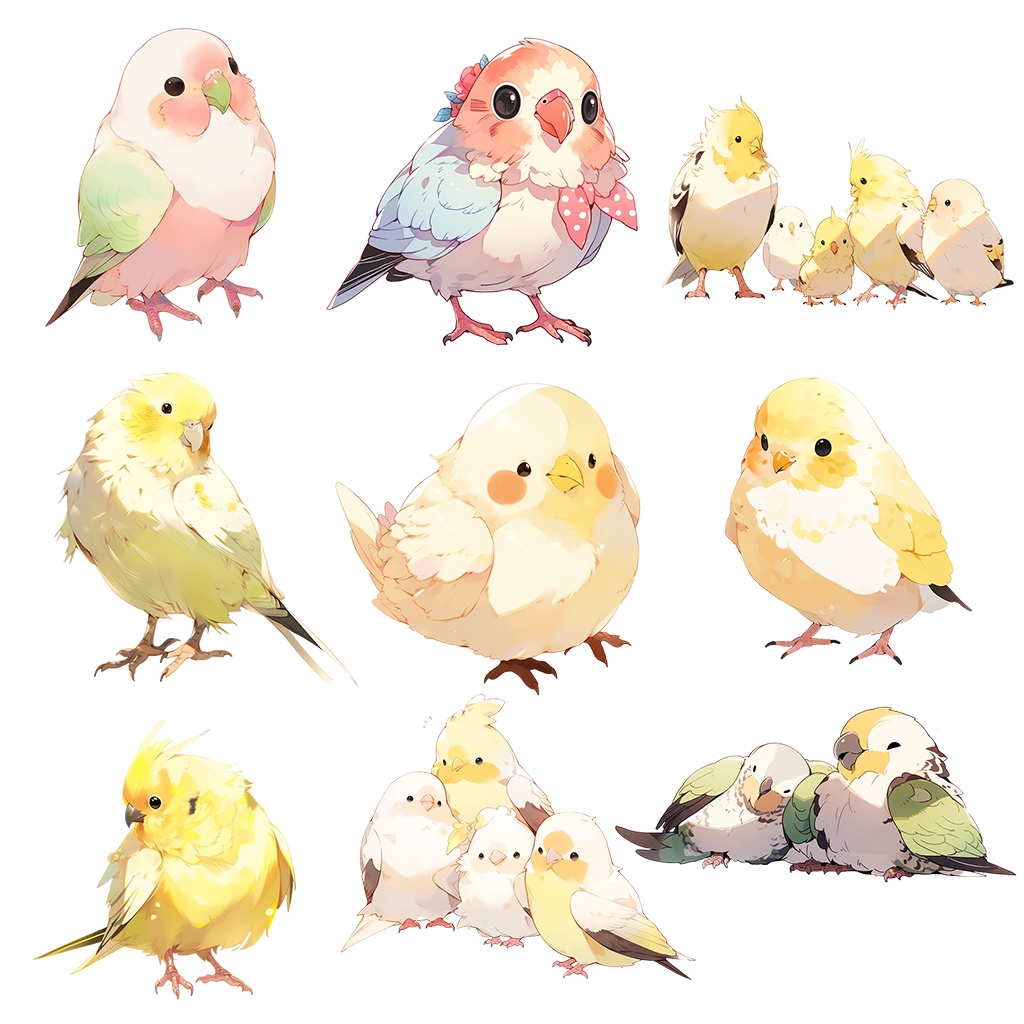 【透過素材】鳥100枚(セキセイインコ、カナリア、ブンチョウ、アマゾンオウム、ヨウム、スズメ、フクロウ、アヒル、ウグイス)