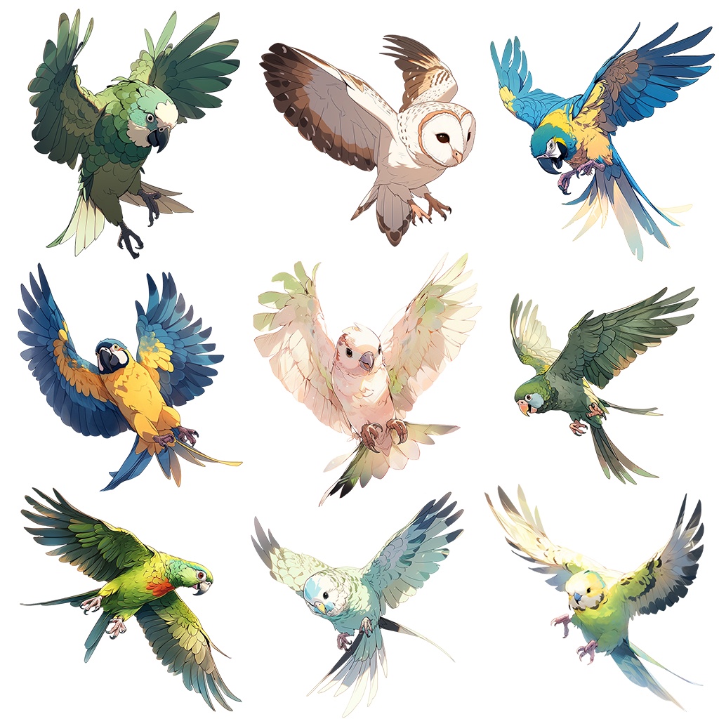 【透過素材】鳥100枚(セキセイインコ、カナリア、ブンチョウ、アマゾンオウム、ヨウム、スズメ、フクロウ、アヒル、ウグイス)