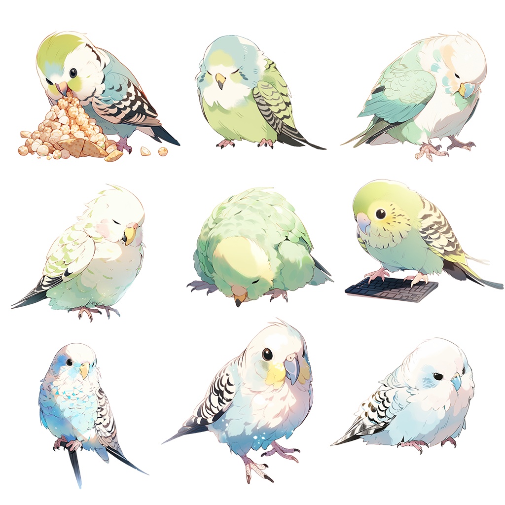 【透過素材】鳥100枚(セキセイインコ、カナリア、ブンチョウ、アマゾンオウム、ヨウム、スズメ、フクロウ、アヒル、ウグイス)