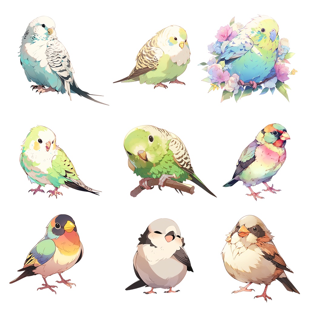 【透過素材】鳥100枚(セキセイインコ、カナリア、ブンチョウ、アマゾンオウム、ヨウム、スズメ、フクロウ、アヒル、ウグイス)