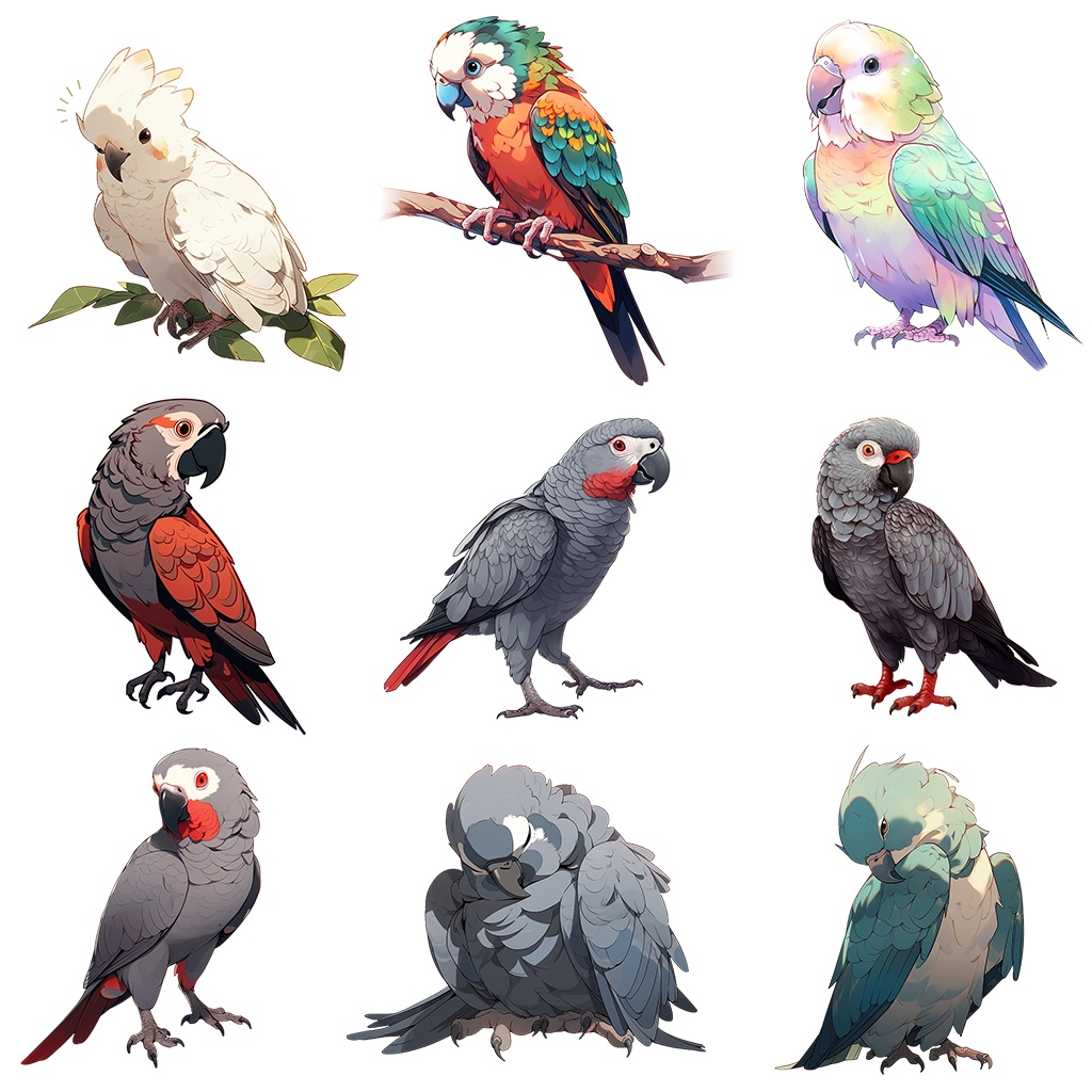 【透過素材】鳥100枚(セキセイインコ、カナリア、ブンチョウ、アマゾンオウム、ヨウム、スズメ、フクロウ、アヒル、ウグイス)