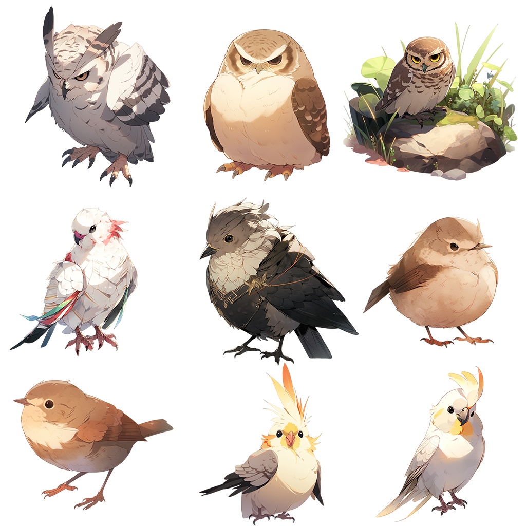 【透過素材】鳥100枚(セキセイインコ、カナリア、ブンチョウ、アマゾンオウム、ヨウム、スズメ、フクロウ、アヒル、ウグイス)