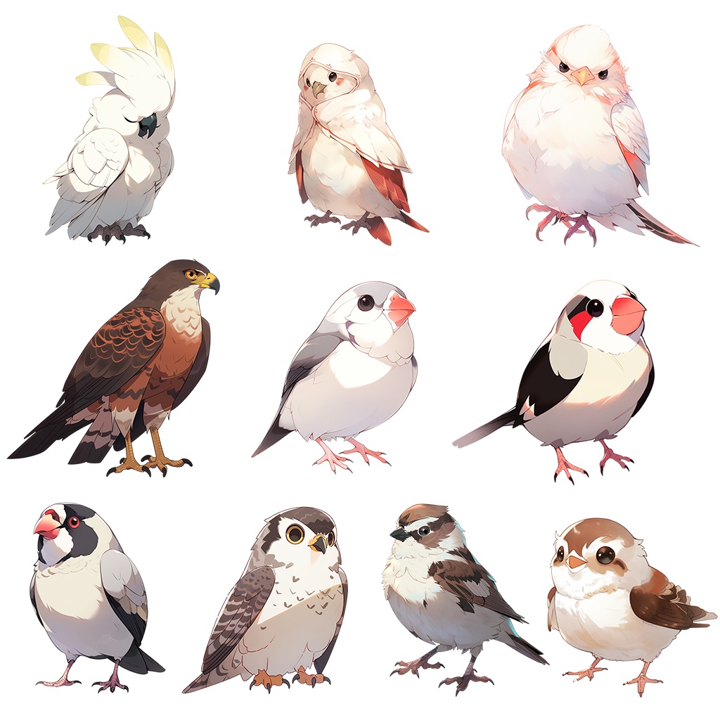 【透過素材】鳥100枚(セキセイインコ、カナリア、ブンチョウ、アマゾンオウム、ヨウム、スズメ、フクロウ、アヒル、ウグイス)