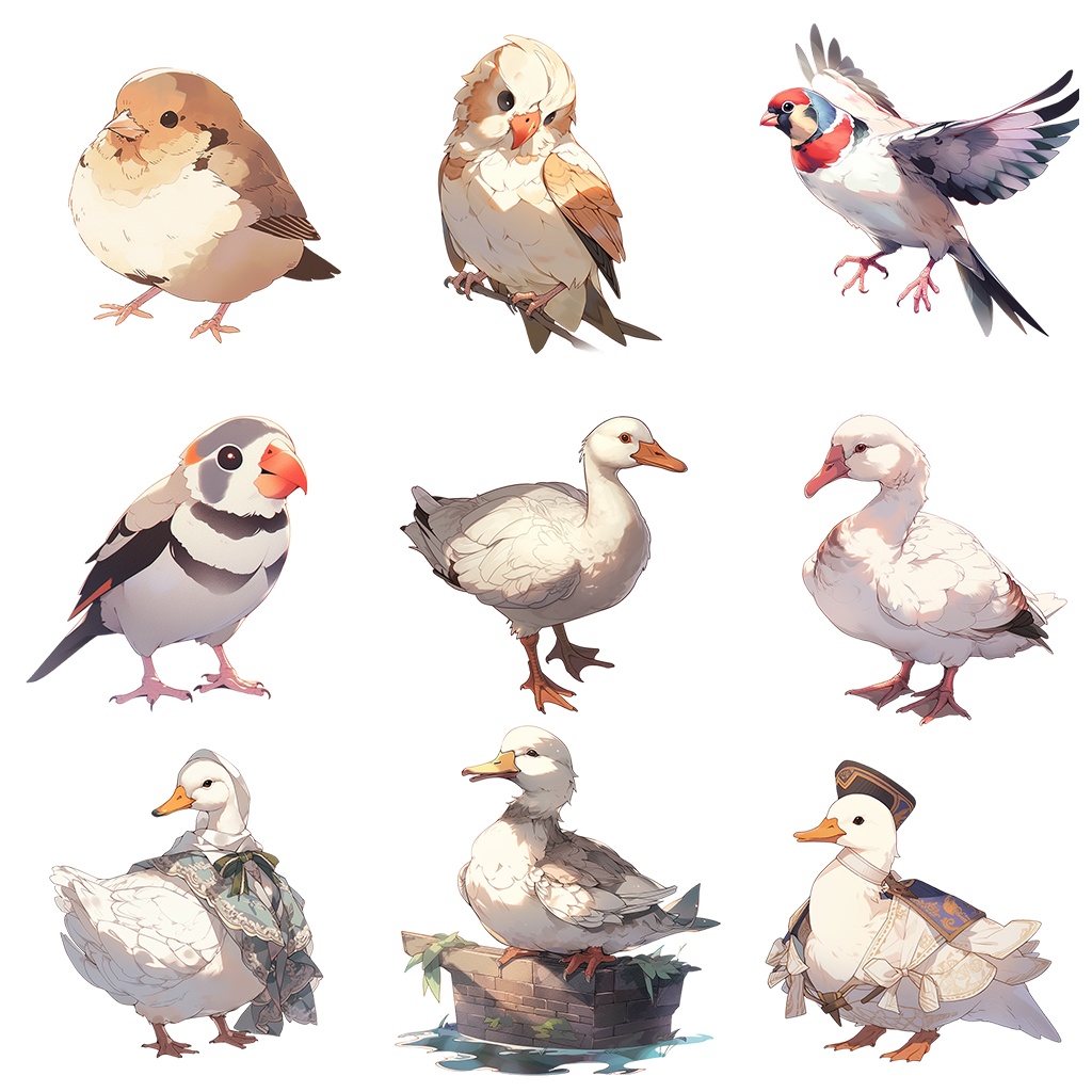 【透過素材】鳥100枚(セキセイインコ、カナリア、ブンチョウ、アマゾンオウム、ヨウム、スズメ、フクロウ、アヒル、ウグイス)