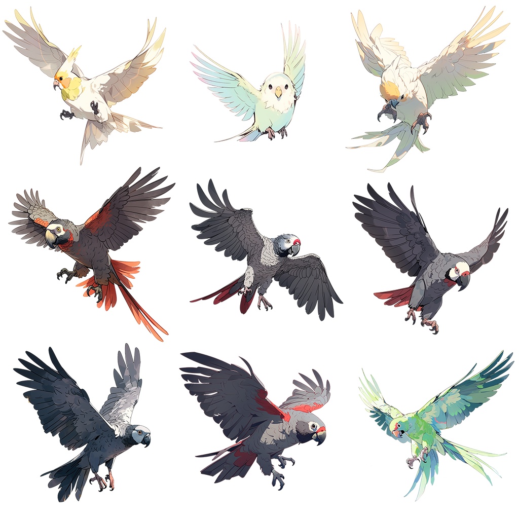 【透過素材】鳥100枚(セキセイインコ、カナリア、ブンチョウ、アマゾンオウム、ヨウム、スズメ、フクロウ、アヒル、ウグイス)