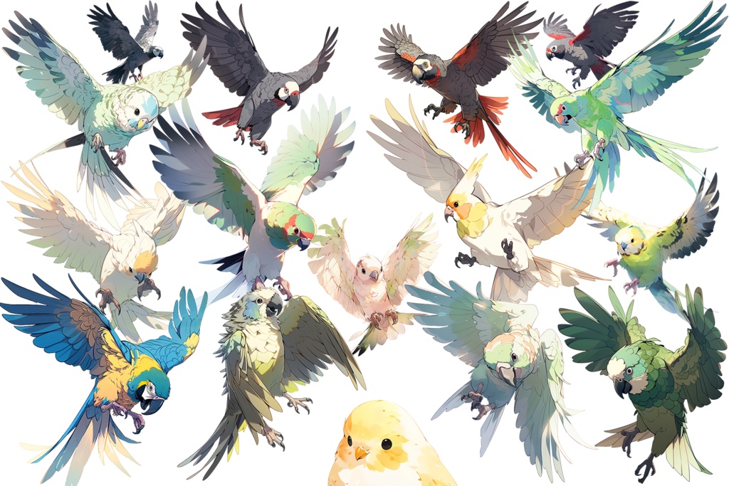 【透過素材】鳥100枚(セキセイインコ、カナリア、ブンチョウ、アマゾンオウム、ヨウム、スズメ、フクロウ、アヒル、ウグイス)