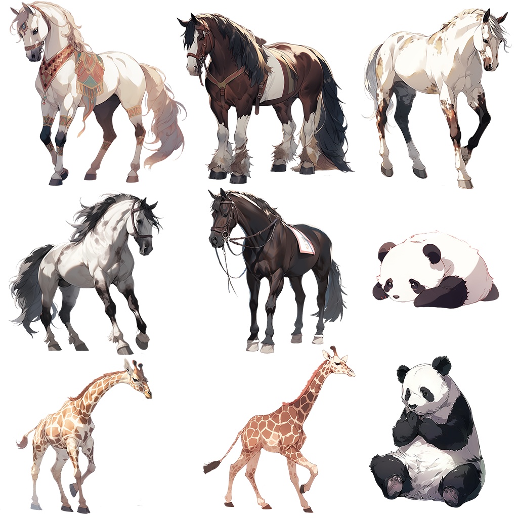 【透過素材】陸上動物50枚(ライオン、トラ、熊、ゾウ、サイ、ゴリラ、馬、パンダ、キリン、アルパカ、シマウマ、猿、ビーバー)