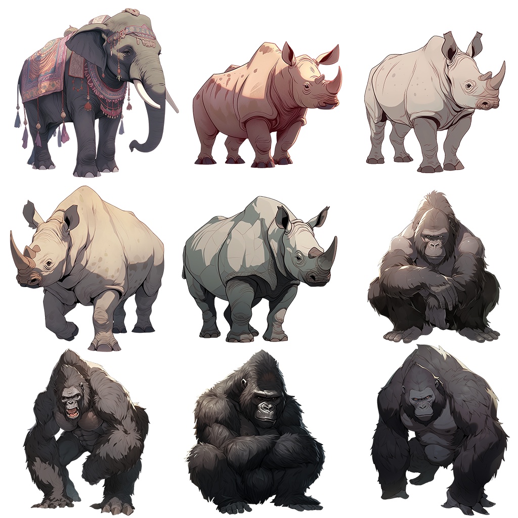 【透過素材】陸上動物50枚(ライオン、トラ、熊、ゾウ、サイ、ゴリラ、馬、パンダ、キリン、アルパカ、シマウマ、猿、ビーバー)