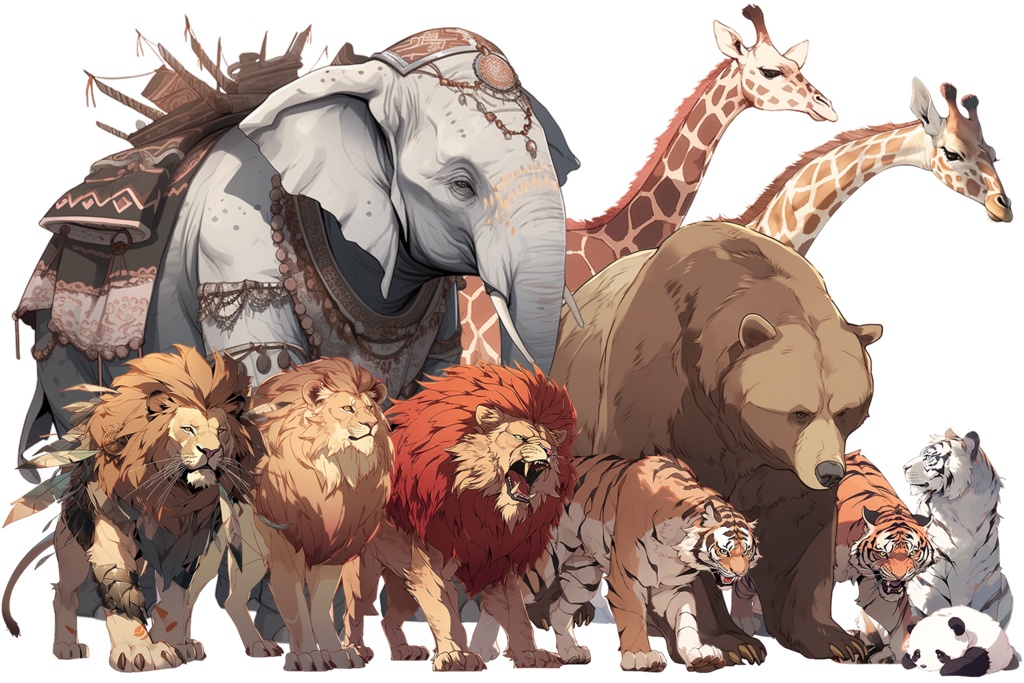 【透過素材】陸上動物50枚(ライオン、トラ、熊、ゾウ、サイ、ゴリラ、馬、パンダ、キリン、アルパカ、シマウマ、猿、ビーバー)