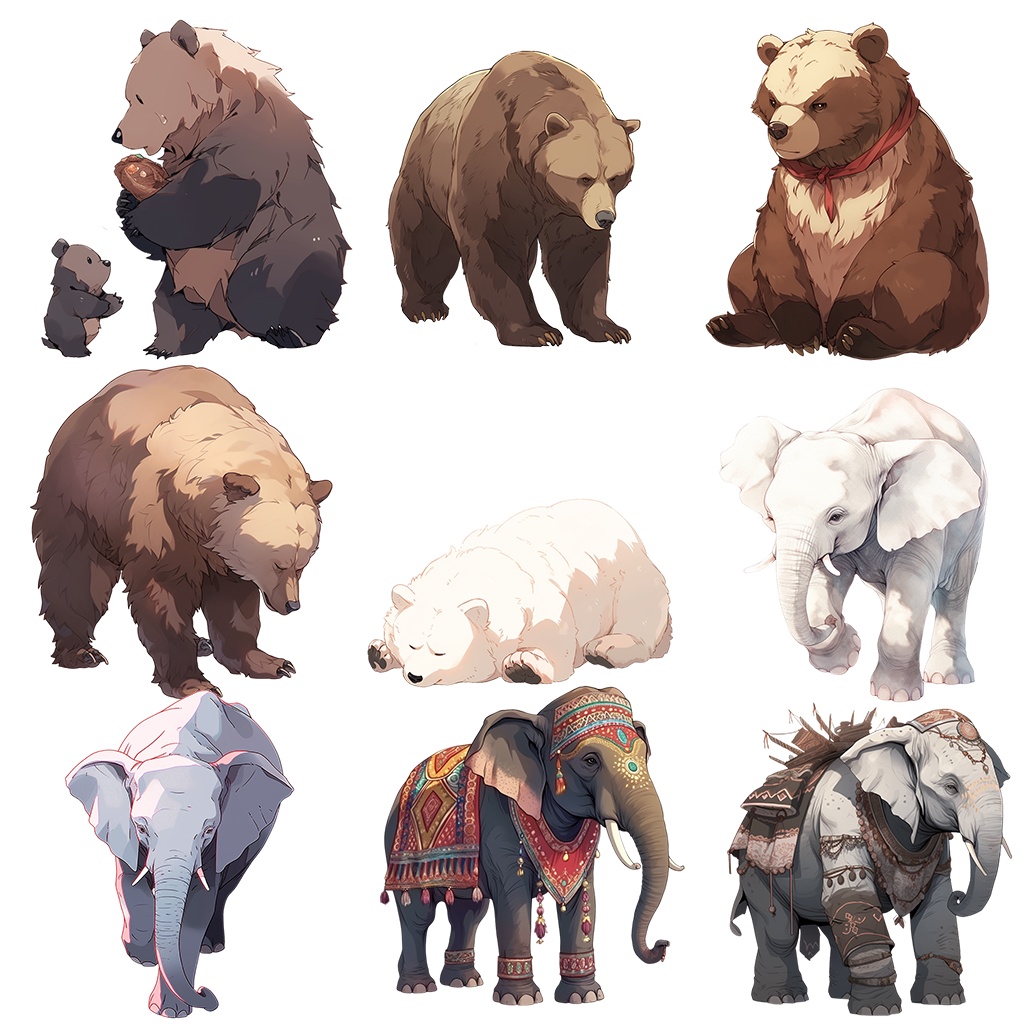 【透過素材】陸上動物50枚(ライオン、トラ、熊、ゾウ、サイ、ゴリラ、馬、パンダ、キリン、アルパカ、シマウマ、猿、ビーバー)