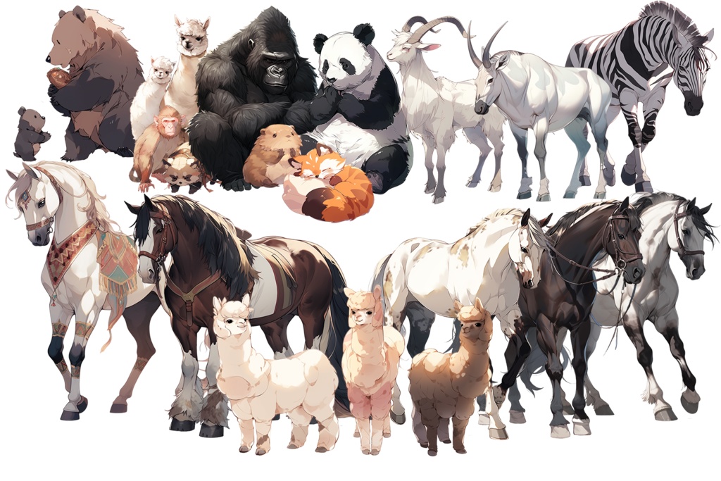 【透過素材】陸上動物50枚(ライオン、トラ、熊、ゾウ、サイ、ゴリラ、馬、パンダ、キリン、アルパカ、シマウマ、猿、ビーバー)