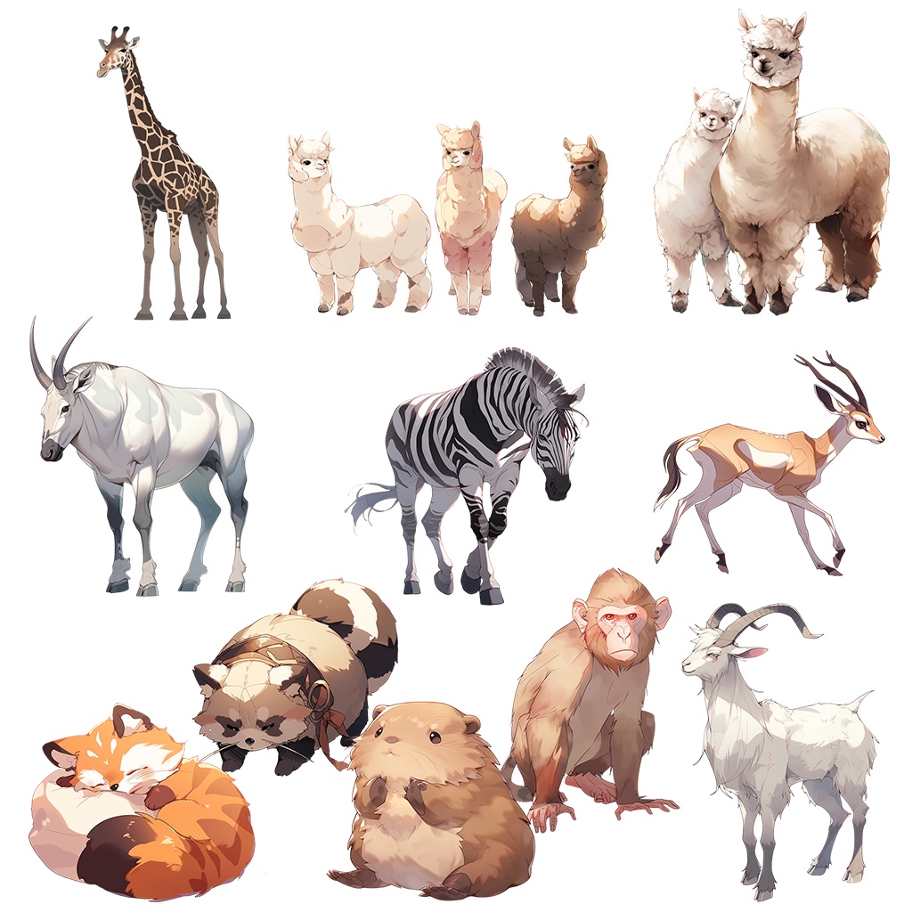 【透過素材】陸上動物50枚(ライオン、トラ、熊、ゾウ、サイ、ゴリラ、馬、パンダ、キリン、アルパカ、シマウマ、猿、ビーバー)