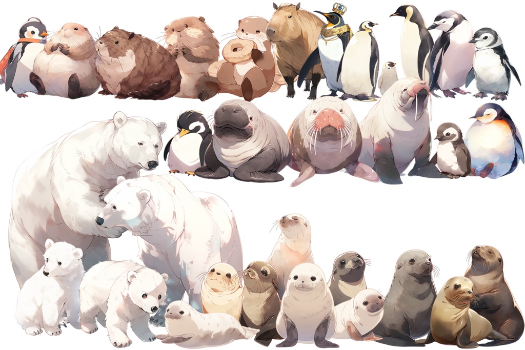 【透過素材】水族館の動物50枚(ペンギン、ホッキョクグマ、イルカ、サメ、ウミガメ、クジラ、シャチ、アザラシ、セイウチ、ビーバー)