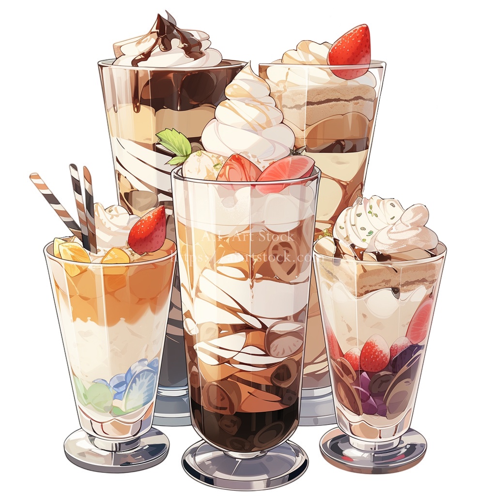 無料【透過素材】パフェ50枚(フルーツパフェ、チョコレートパフェ、マンゴーパフェ、ストロベリーパフェ、キャラメルパフェ)