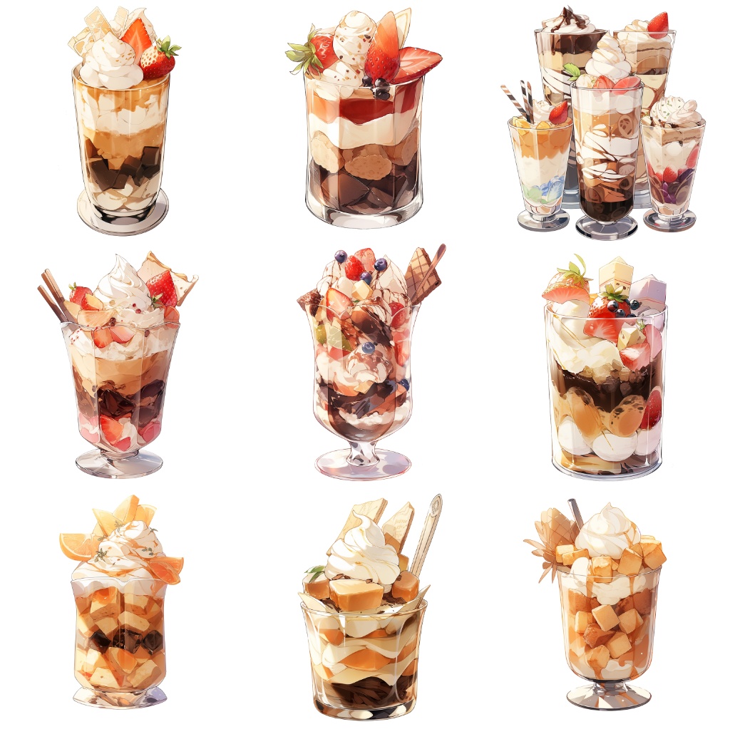 無料【透過素材】パフェ50枚(フルーツパフェ、チョコレートパフェ、マンゴーパフェ、ストロベリーパフェ、キャラメルパフェ)