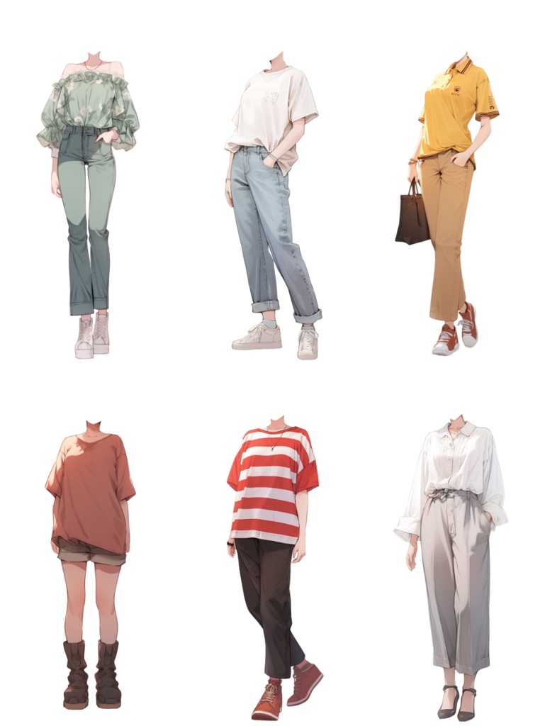 【透過素材】夏服/女性50枚(立ち絵作成用・ワンピース、ドレス、Tシャツ、デニムパンツ、ホットパンツ、スカート、スポーツウェア、浴衣、着物)