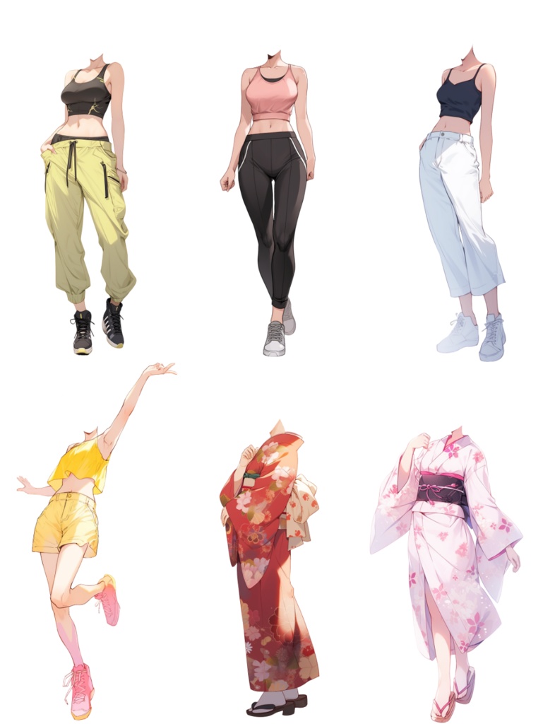 【透過素材】夏服/女性50枚(立ち絵作成用・ワンピース、ドレス、Tシャツ、デニムパンツ、ホットパンツ、スカート、スポーツウェア、浴衣、着物)