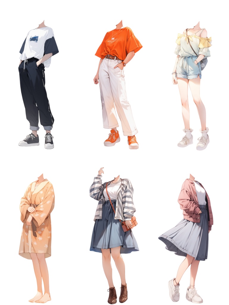 【透過素材】夏服/女性50枚(立ち絵作成用・ワンピース、ドレス、Tシャツ、デニムパンツ、ホットパンツ、スカート、スポーツウェア、浴衣、着物)