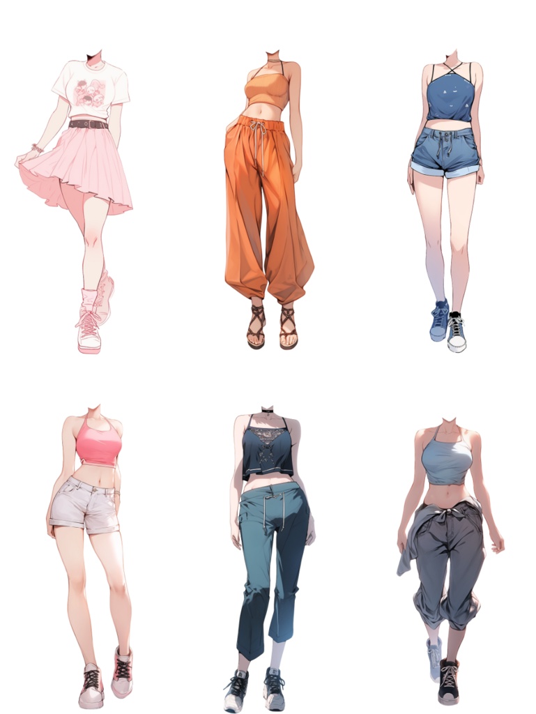 【透過素材】夏服/女性50枚(立ち絵作成用・ワンピース、ドレス、Tシャツ、デニムパンツ、ホットパンツ、スカート、スポーツウェア、浴衣、着物)