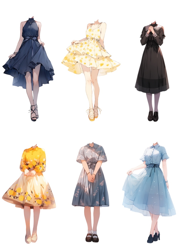 【透過素材】夏服/女性50枚(立ち絵作成用・ワンピース、ドレス、Tシャツ、デニムパンツ、ホットパンツ、スカート、スポーツウェア、浴衣、着物)