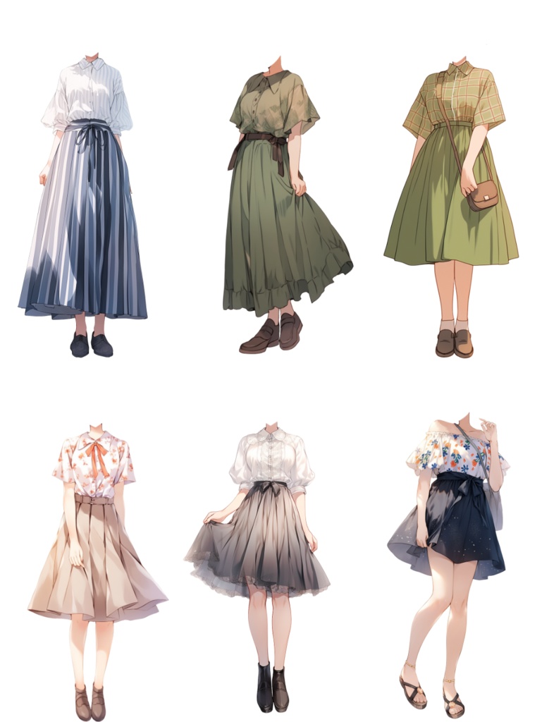 【透過素材】夏服/女性50枚(立ち絵作成用・ワンピース、ドレス、Tシャツ、デニムパンツ、ホットパンツ、スカート、スポーツウェア、浴衣、着物)