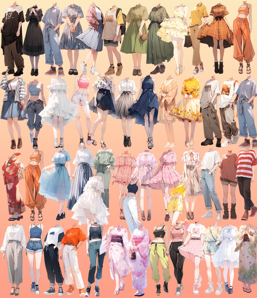 【透過素材】夏服/女性50枚(立ち絵作成用・ワンピース、ドレス、Tシャツ、デニムパンツ、ホットパンツ、スカート、スポーツウェア、浴衣、着物)