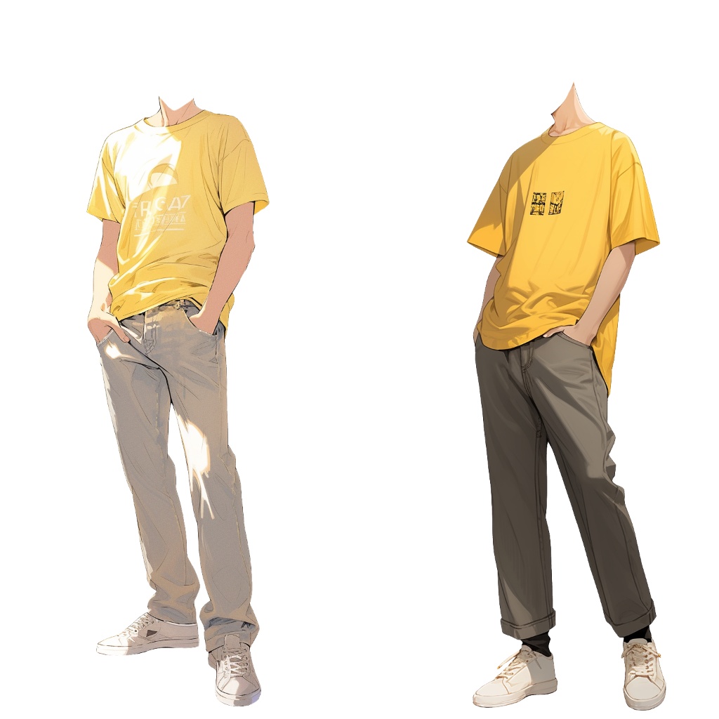 【透過素材】夏服/男性50枚(立ち絵作成用・Tシャツ、ワイシャツ、デニムパンツ、七分袖、スニーカー、革靴)